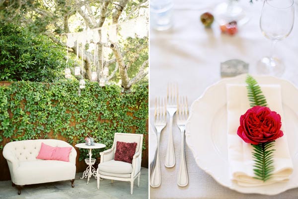 Red table setting and vintage chairs