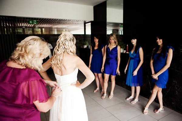 Blue bridesmaids with bride 