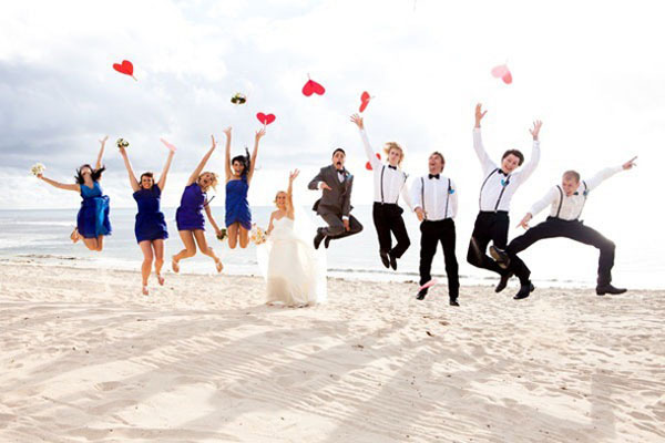 Wedding party jumping