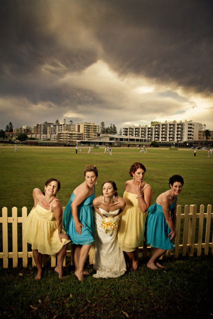 Bride with bridesmaids-blue and yellow
