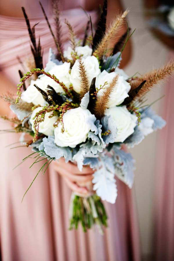Wedding bouquet with white and rustic grasses