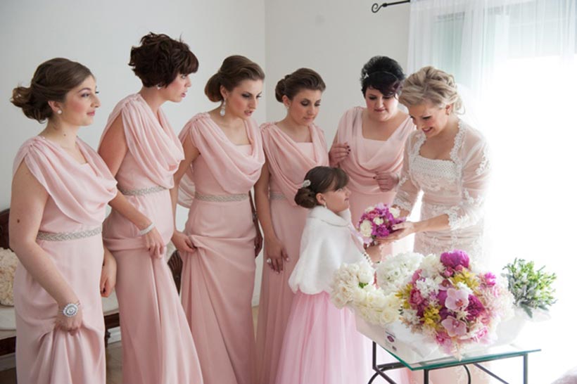 The bride and bridesmaids- a flurry of pretty and pink