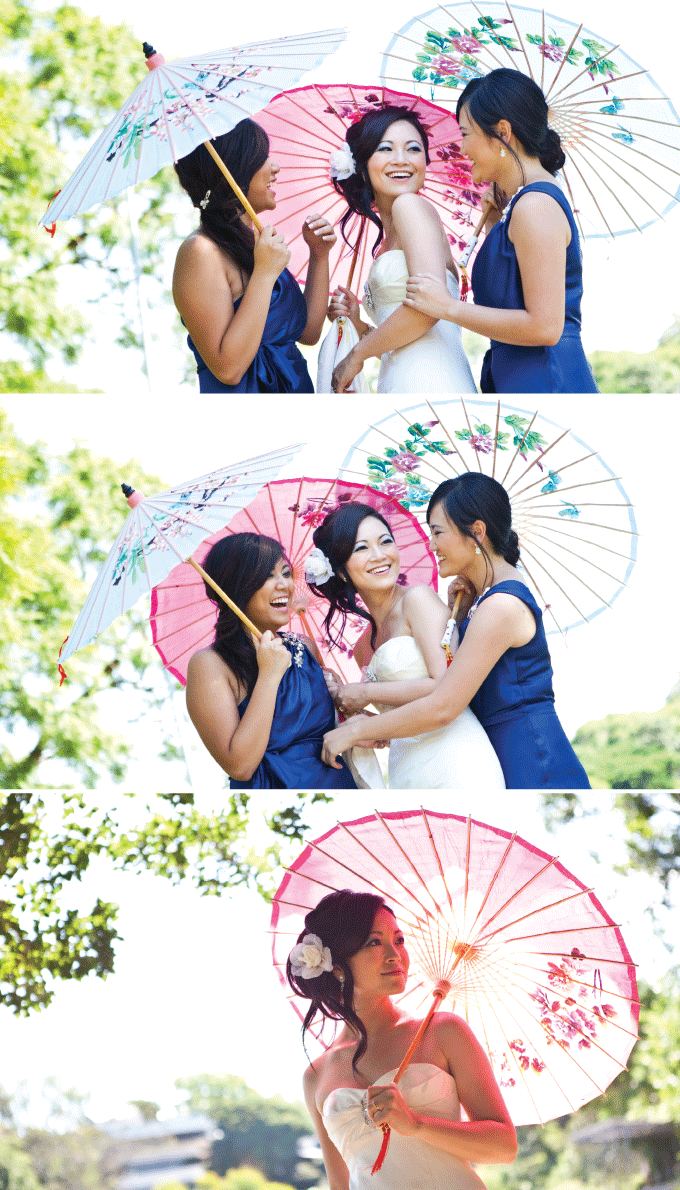 Bride and bridesmaids with parasols