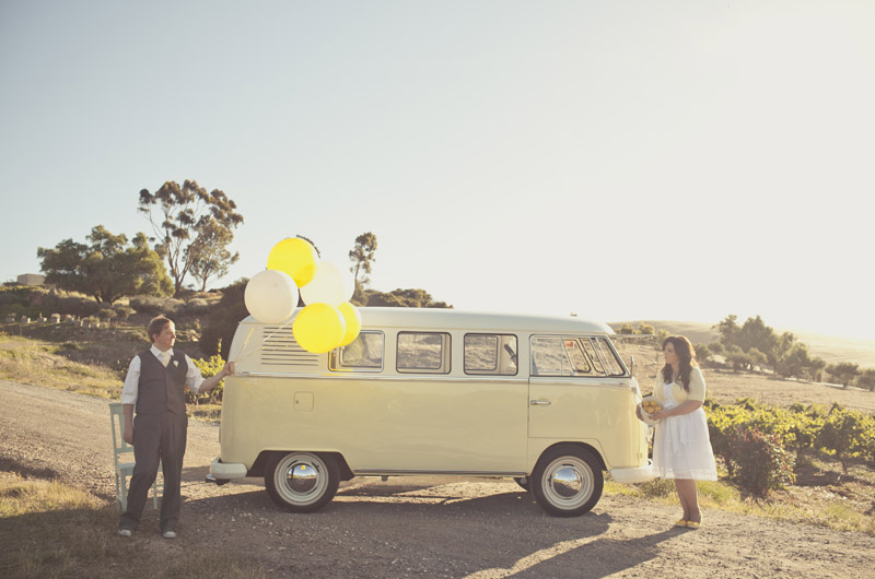 Bride and groom with balloon and combi