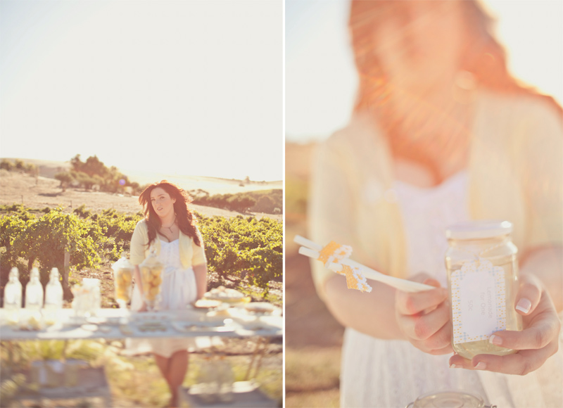 Bride with lemonade in Lemon themed engagement shoot