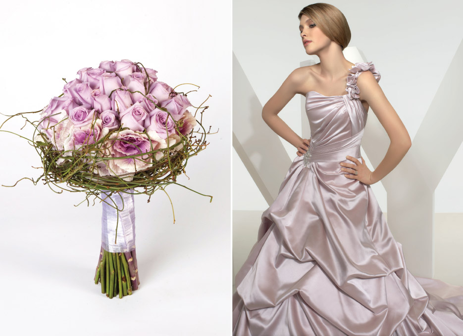 Mori Lee lilac wedding gown and purple wedding bouquet