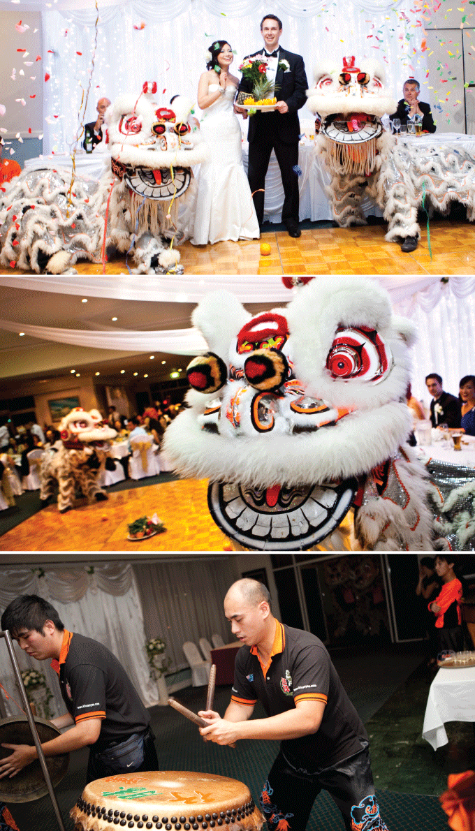 Wedding cultural reception with Vietnamese dragons and drums