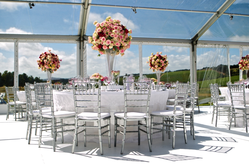 reception room set up with pink roses