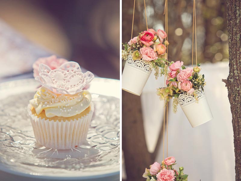 cupcakes and hanging flower decorations