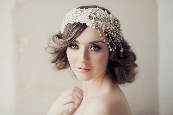 Ivory and pearl beaded couture headpiece with gold chain detail
