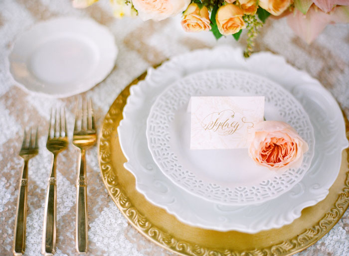 Coral-gold-wedding-place-setting