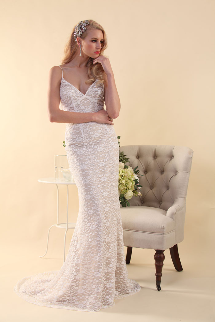 Peter Trends Bridal Tripoli lace sheath with Tenerife underlay