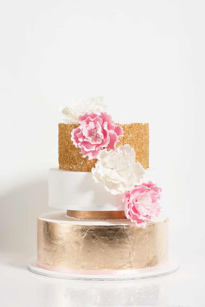 Sweet Fantasy - Lee Bird Photography - 20 Pretty Floral Wedding Cakes - Gold and Pink Wedding Cake