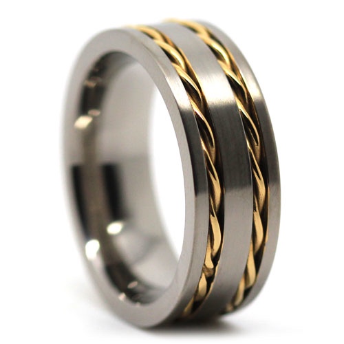 Wide Titanium Wedding Band with Gold Chain Inlay