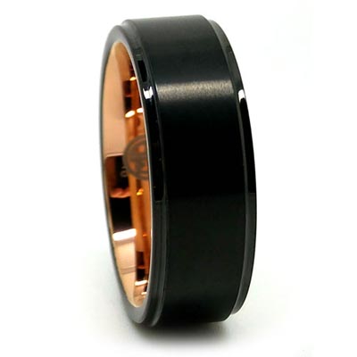 BLACK-Black Tungsten Mens Ring With Rose Gold