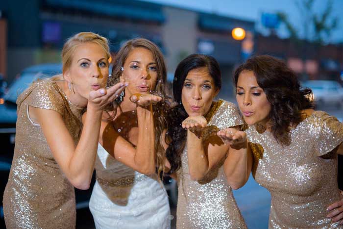 bridesmaids wearing gold dresses