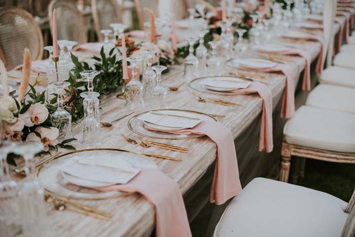 wedding place settings pink and gold styling