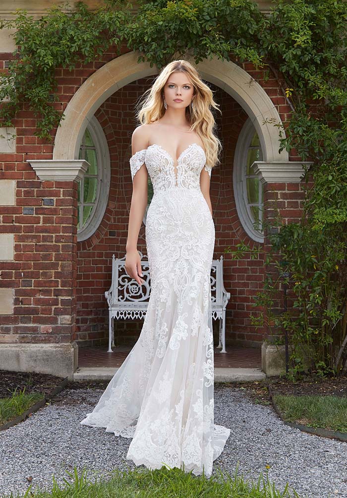 off the shoulder wedding dress with detachable sleeves